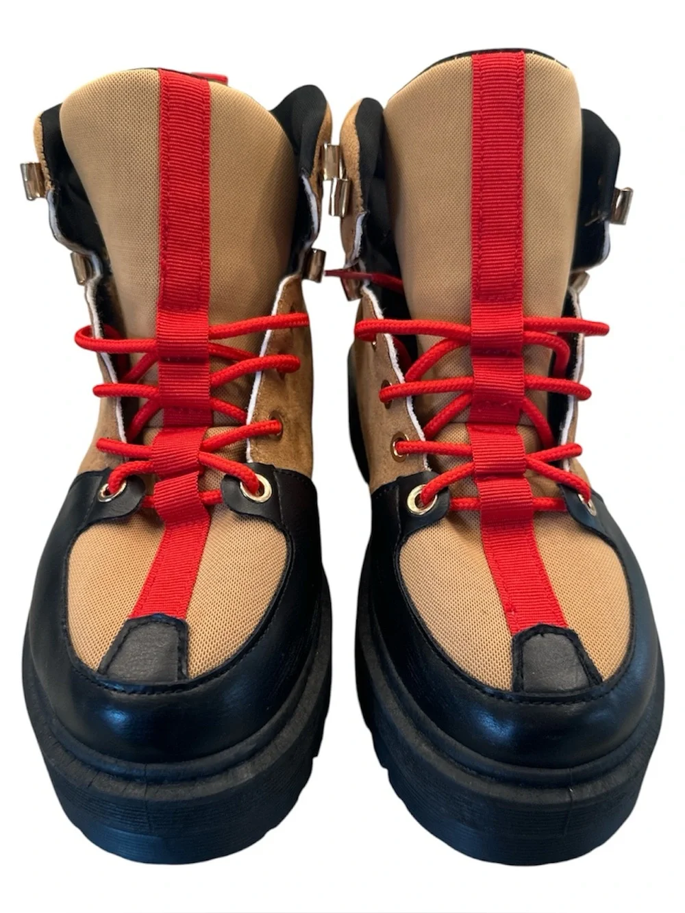 Qupid Hiking Style Ankle Boots Tan Black Red Laces Size 37 US 6.5
